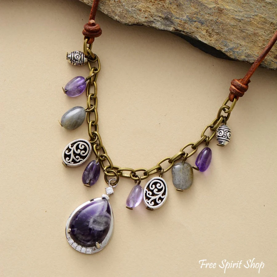 Antique Amethyst Labradorite & Silver Charms Necklace - Image 4