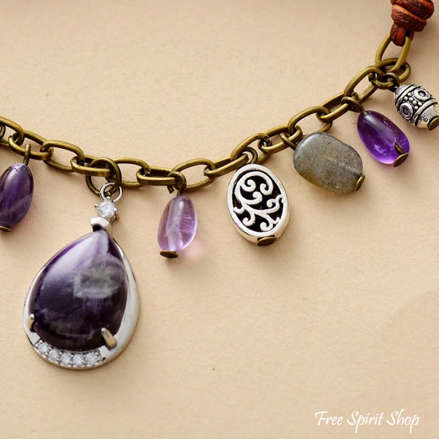 Antique Amethyst Labradorite & Silver Charms Necklace - Image 5