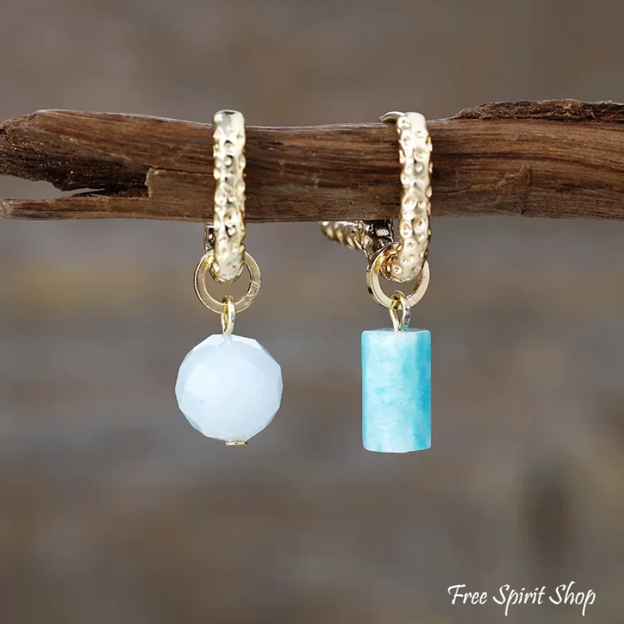 Asymmetrical Natural Amazonite Gold Hoop Earrings - Image 2