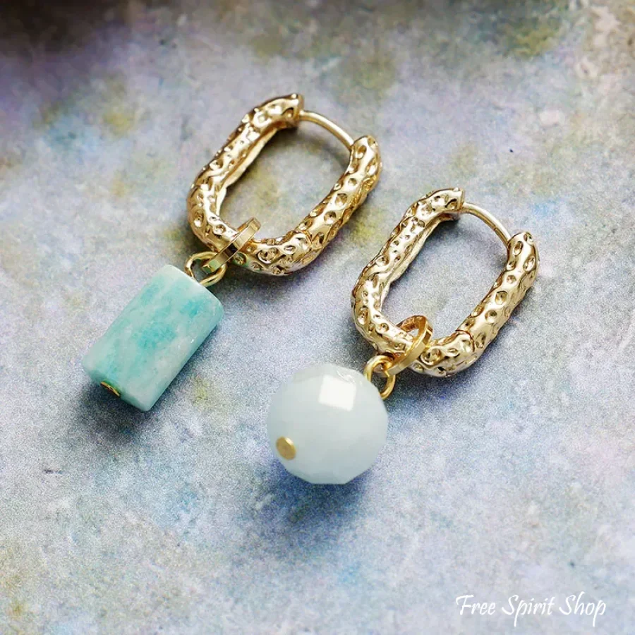 Asymmetrical Natural Amazonite Gold Hoop Earrings - Image 3