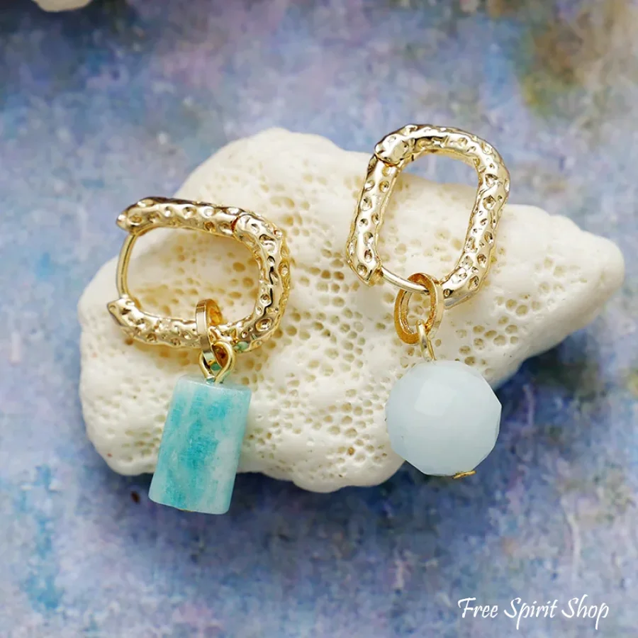 Asymmetrical Natural Amazonite Gold Hoop Earrings - Image 4