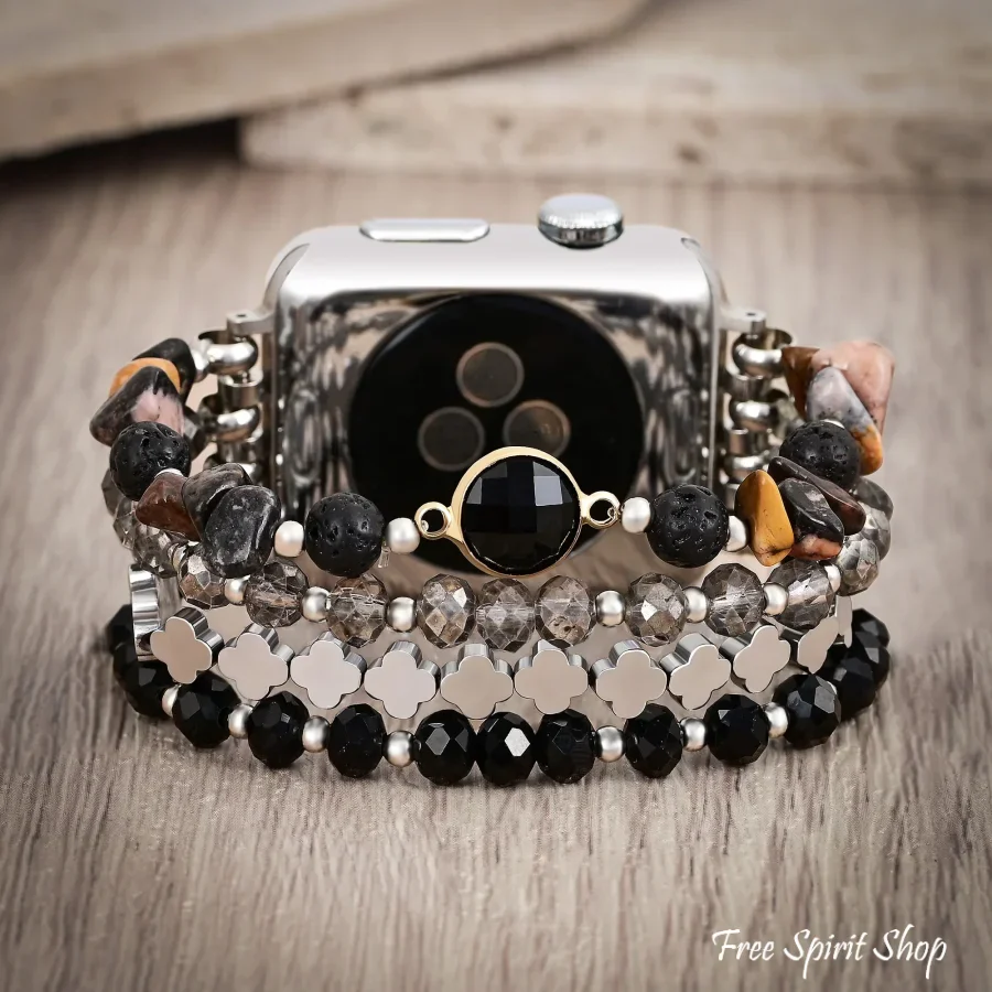 Black Moonlight Glow Beaded Apple Watch Bands with Silver Clover Charms - Image 2