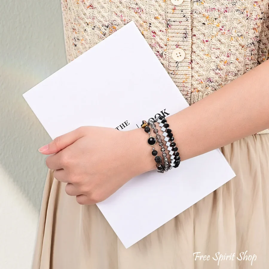 Black Moonlight Glow Beaded Apple Watch Bands with Silver Clover Charms - Image 3