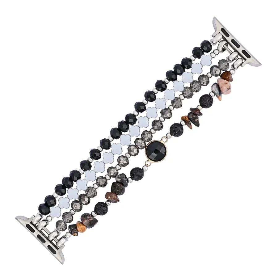 Black Moonlight Glow Beaded Apple Watch Bands with Silver Clover Charms - Image 4