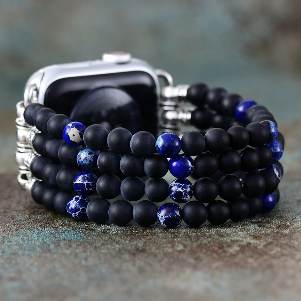 Black Onyx & Blue Jasper Beaded Stretchable Apple Watch Band - Image 2