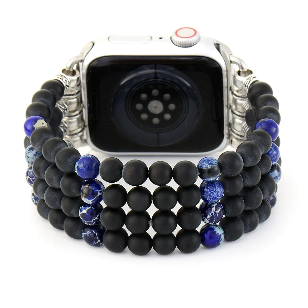 Black Onyx & Blue Jasper Beaded Stretchable Apple Watch Band - Image 3