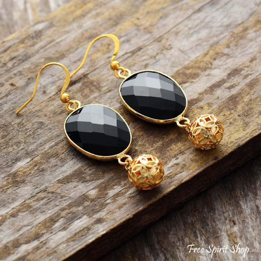 Black Onyx & Golden Flower Ball Drop Earrings - Image 2