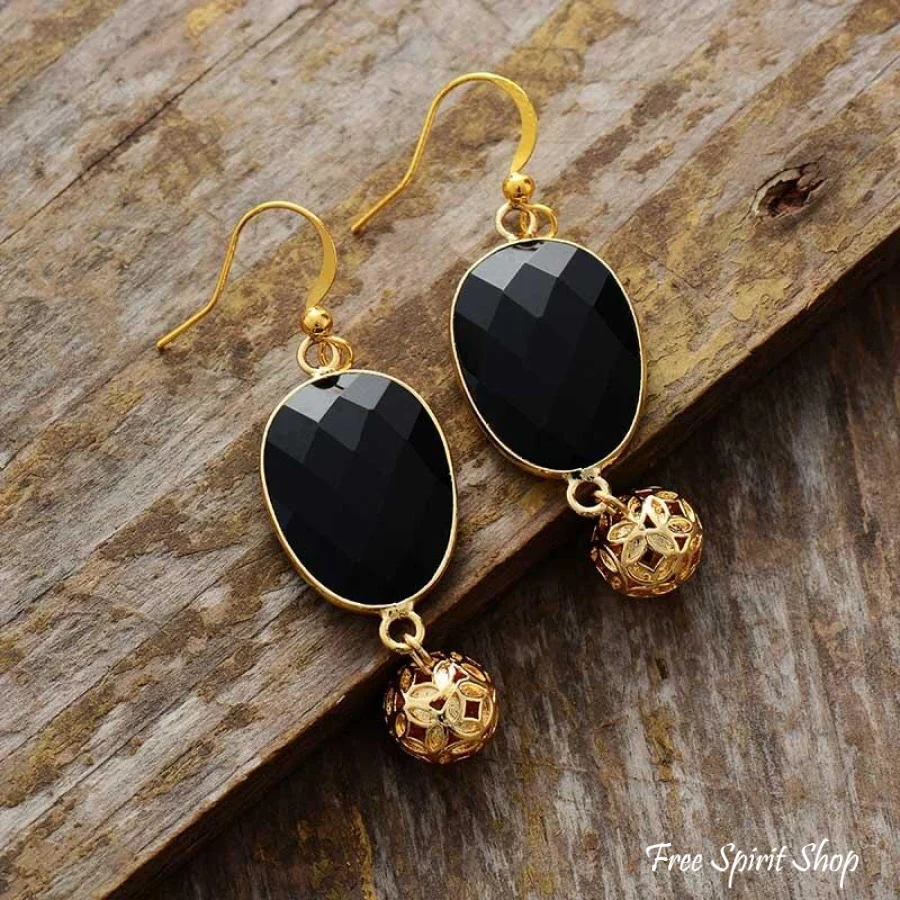 Black Onyx & Golden Flower Ball Drop Earrings - Image 3
