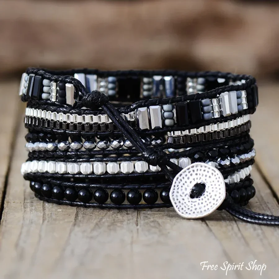 Black & Silver Beaded Wrap Bracelet - Image 3
