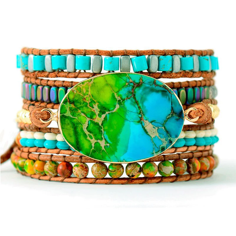 Blue & Green Jasper Rainbow Hematite Wrap Bracelet - Image 3