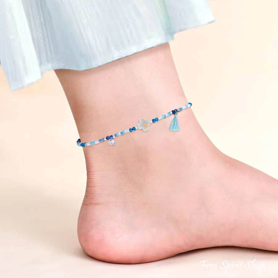 Natural Blue Lapis Lazuli & Apatite Beaded Anklet - Image 3