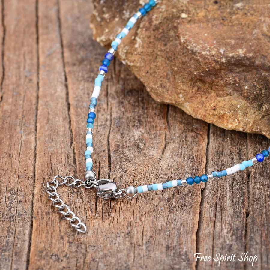 Natural Blue Lapis Lazuli & Apatite Beaded Anklet - Image 4