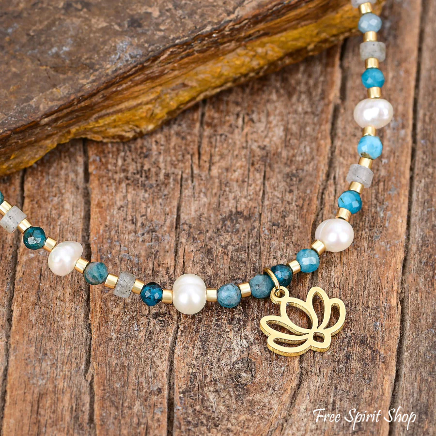 Freshwater Pearl & Apatite Beaded Anklet With Lotus Charm - Image 3