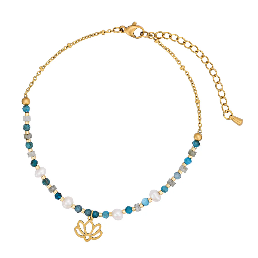 Freshwater Pearl & Apatite Beaded Anklet With Lotus Charm - Image 4