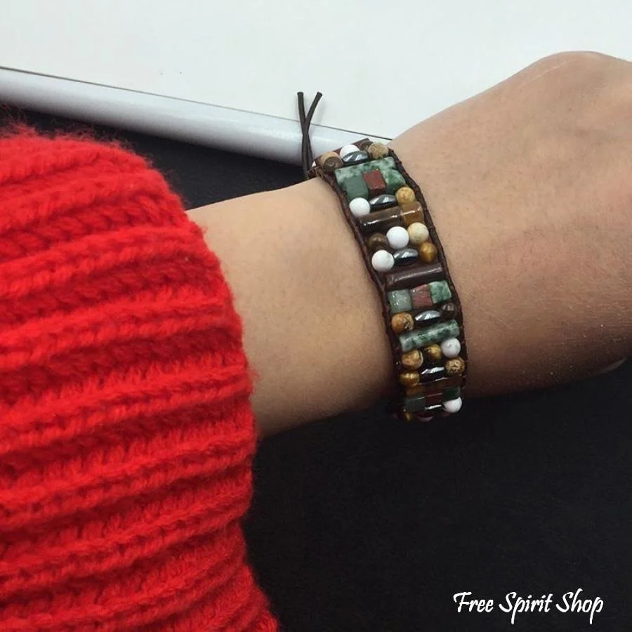 Natural Semi-Precious Stones & Leather Tree Of Life Wrap Bracelet - Image 3