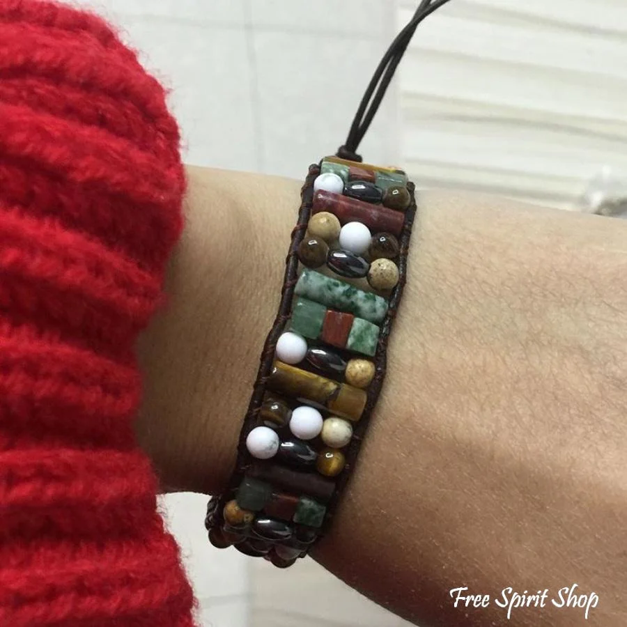 Natural Semi-Precious Stones & Leather Tree Of Life Wrap Bracelet - Image 4