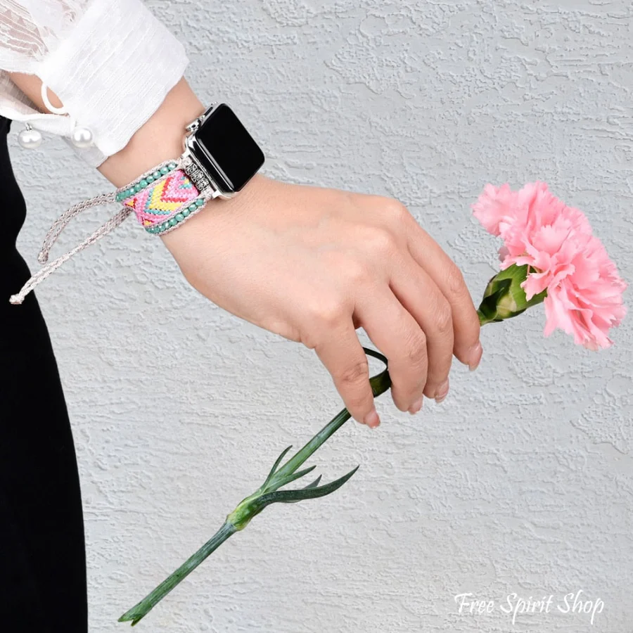 Candy Pink & Turquoise Braided Woven Nylon Adjustable Apple Watch Band - Image 2