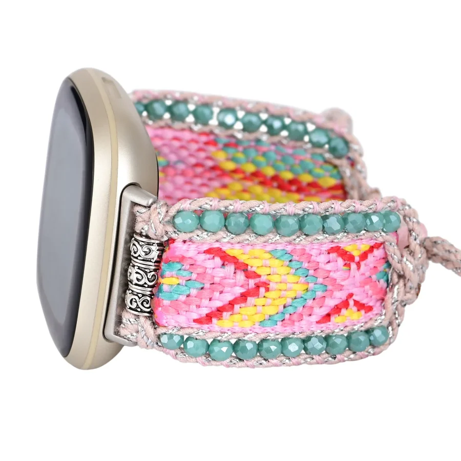 Candy Pink & Turquoise Braided Woven Nylon Fitbit Watch Band - Image 3