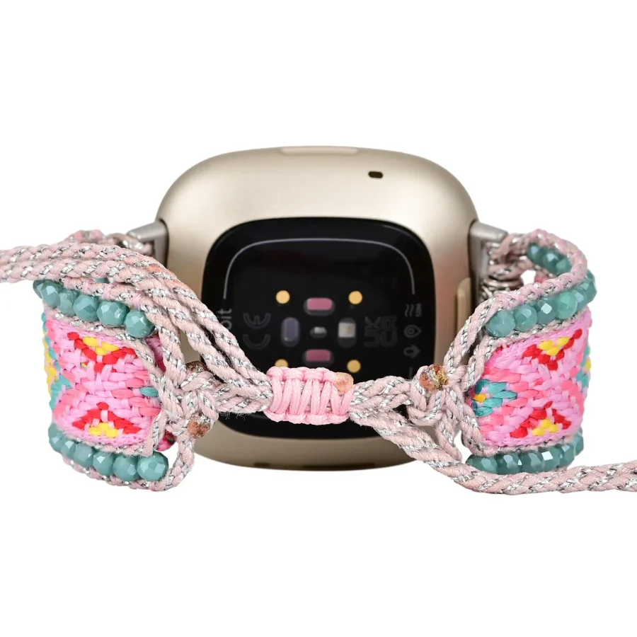 Candy Pink & Turquoise Braided Woven Nylon Fitbit Watch Band - Image 4
