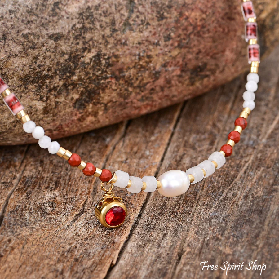 Freshwater Pearl & Red Jasper Beaded Anklet - Image 3