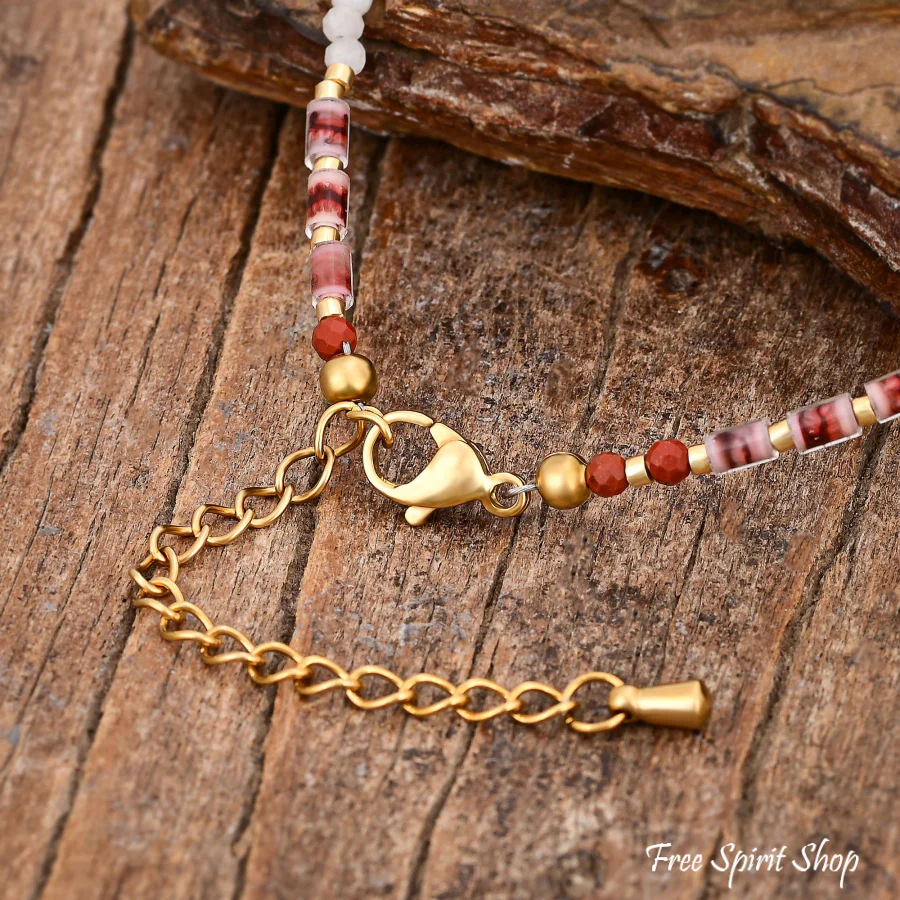 Freshwater Pearl & Red Jasper Beaded Anklet - Image 4
