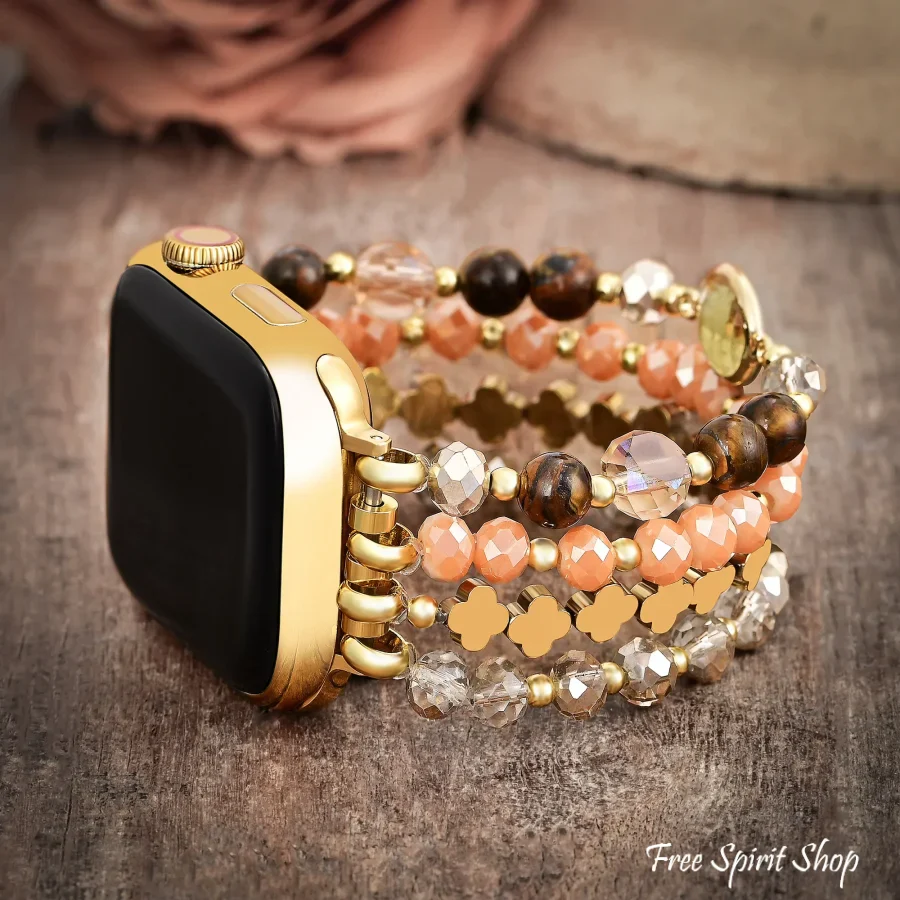 Golden Earthy Glow Beaded Apple Watch Band With Gold Clover Charms