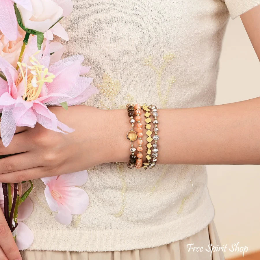 Golden Earthy Glow Beaded Apple Watch Band With Gold Clover Charms - Image 2