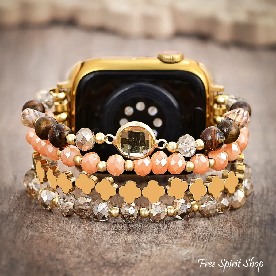 Golden Earthy Glow Beaded Apple Watch Band With Gold Clover Charms - Image 3