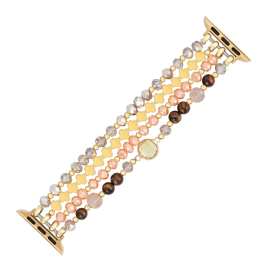 Golden Earthy Glow Beaded Apple Watch Band With Gold Clover Charms - Image 4
