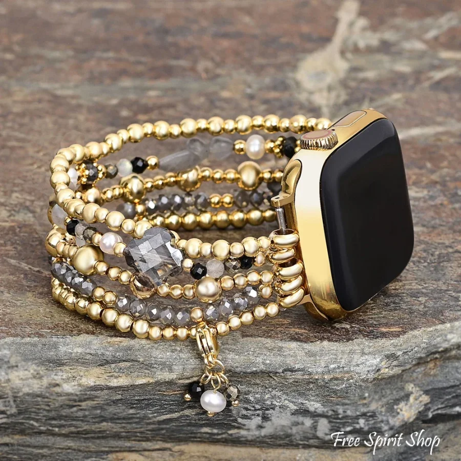 Gray Crystal Beaded Fitbit Watch Band with Clover Charm