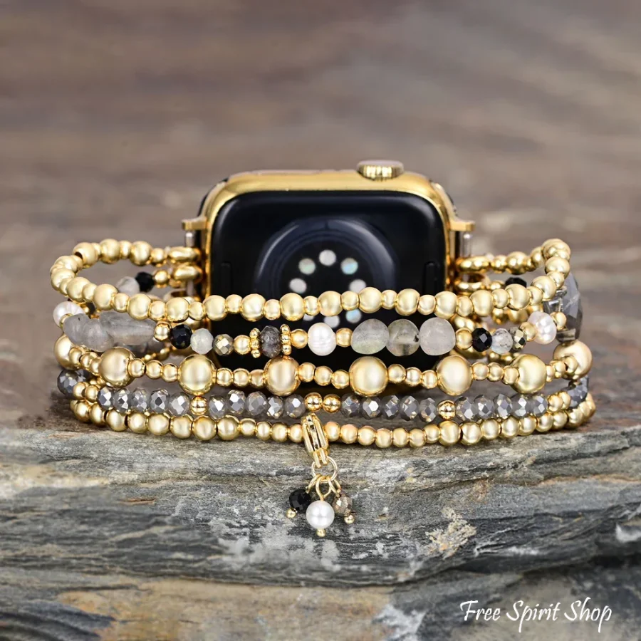 Gray Crystal Beaded Fitbit Watch Band with Clover Charm - Image 3