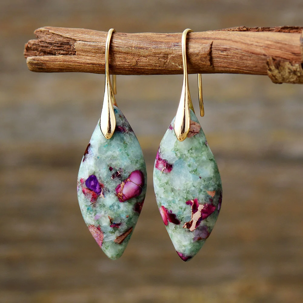 Green & Purple Imperial Jasper Leaf Earrings - Image 2