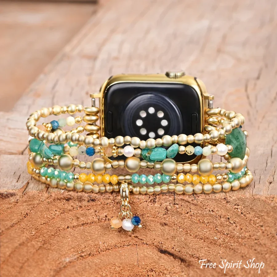 Green Strawberry Quartz Beaded Fitbit Watch Band with Clover Charm - Image 3