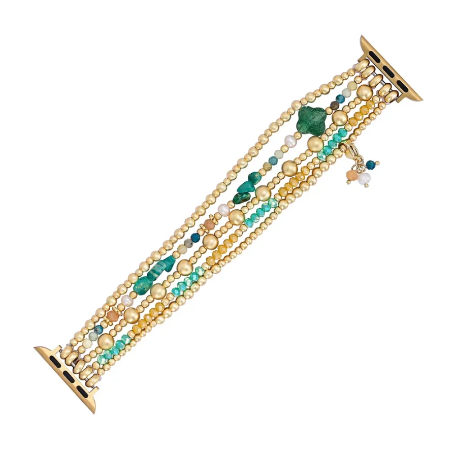 Green Strawberry Quartz Beaded Fitbit Watch Band with Clover Charm - Image 4