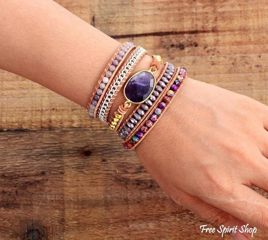 Handmade Amethyst & Purple Jasper Wrap Bracelet - Image 2