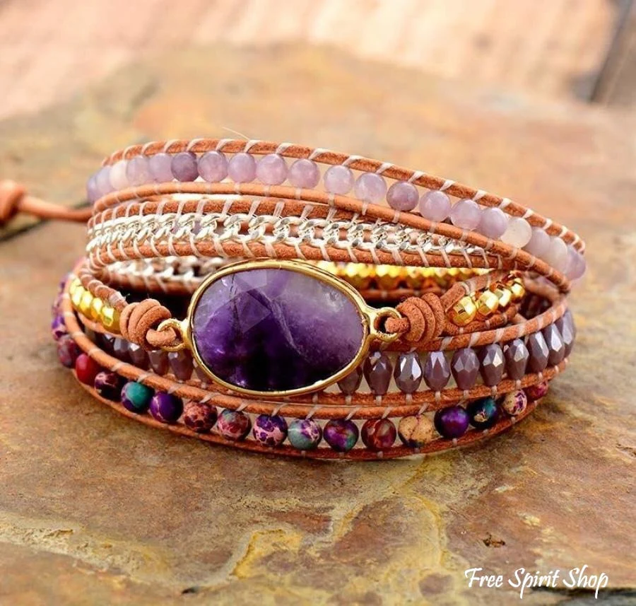 Handmade Amethyst & Purple Jasper Wrap Bracelet - Image 4