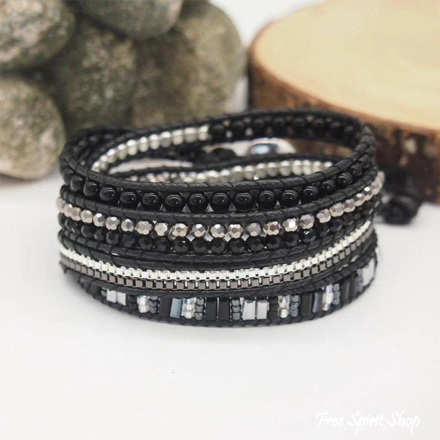 Handmade Black Crystal & Silver Bead Wrap Bracelet - Image 2