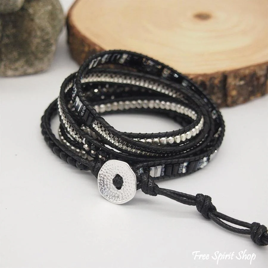 Handmade Black Crystal & Silver Bead Wrap Bracelet - Image 3