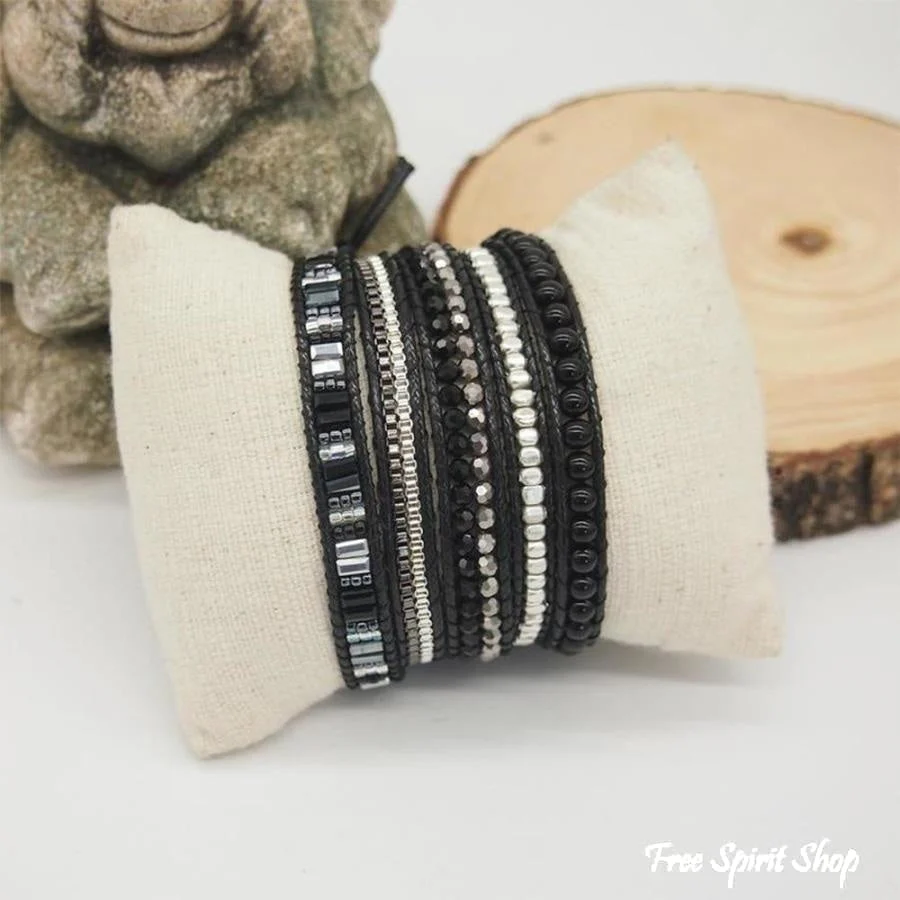 Handmade Black Crystal & Silver Bead Wrap Bracelet - Image 4