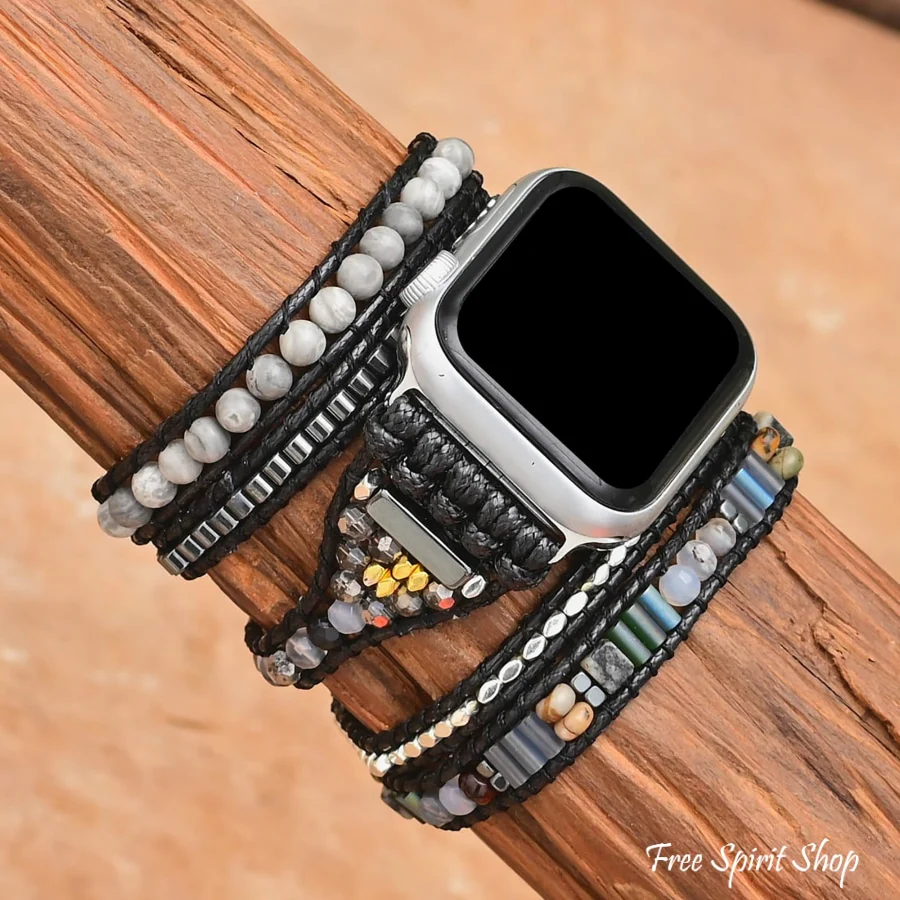 Handmade Black & Gray Beaded Apple Watch Band - Image 2