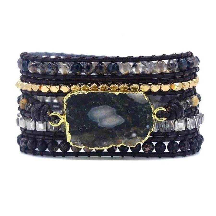 Handmade Dark Ocean Agate Gemstone Wrap Bracelet - Image 3