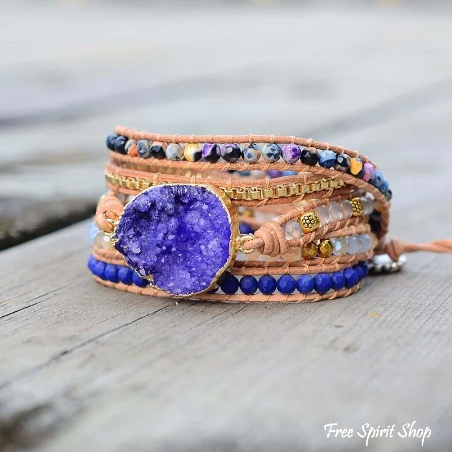 Handmade Blue Druzy Beaded Wrap Bracelet - Image 2