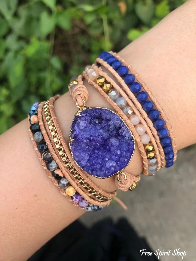 Handmade Blue Druzy Beaded Wrap Bracelet - Image 3