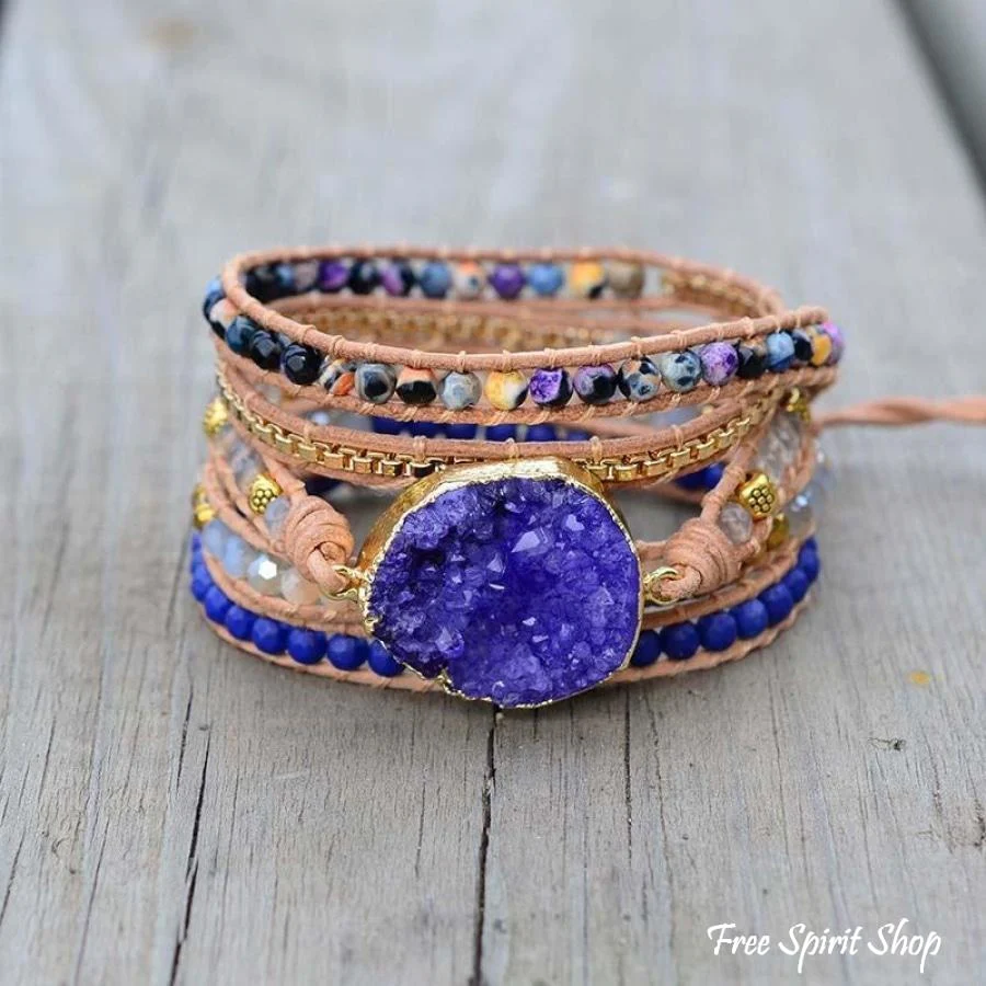Handmade Blue Druzy Beaded Wrap Bracelet - Image 4