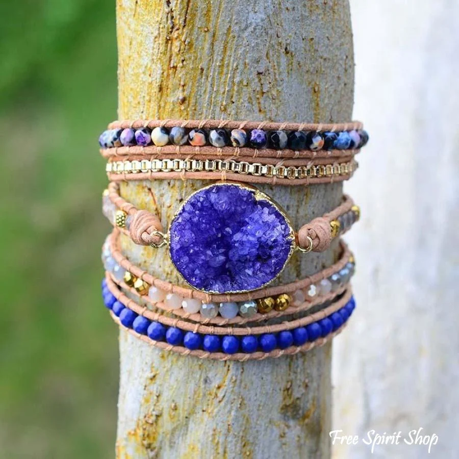 Handmade Blue Druzy Beaded Wrap Bracelet - Image 5