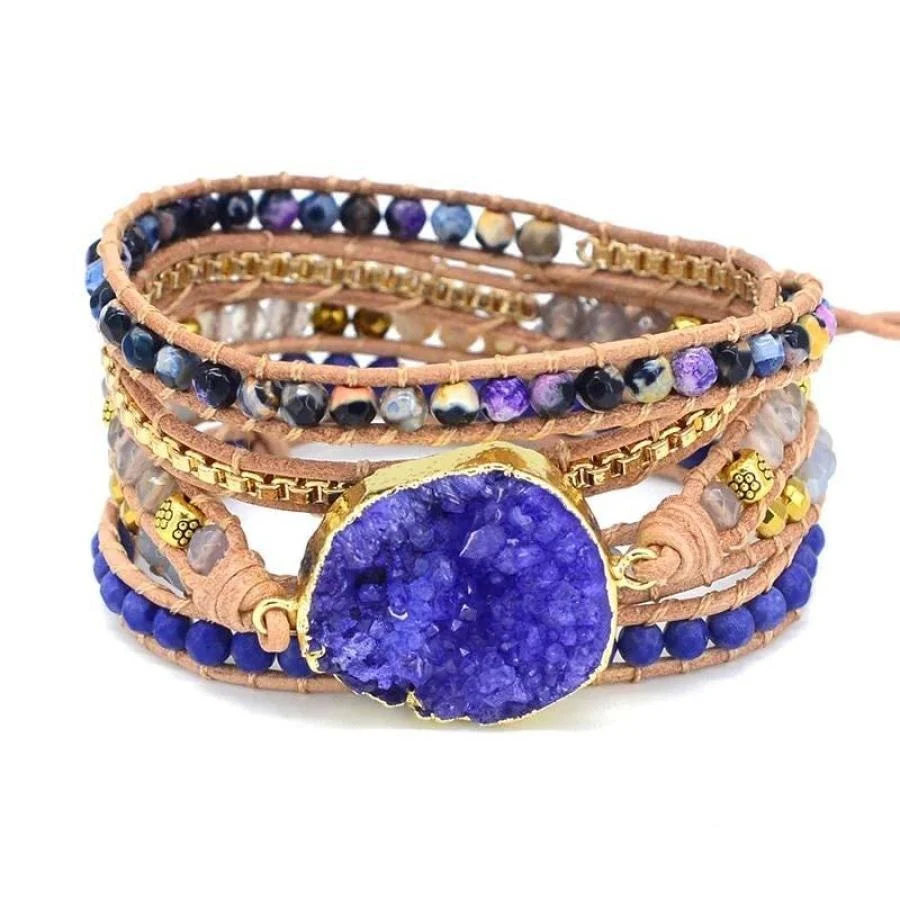Handmade Blue Druzy Beaded Wrap Bracelet - Image 6