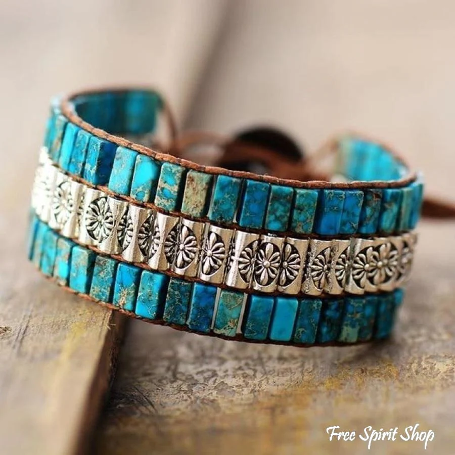 Handmade Blue Jasper & Tibetan Bead Wrap Bracelet - Image 3