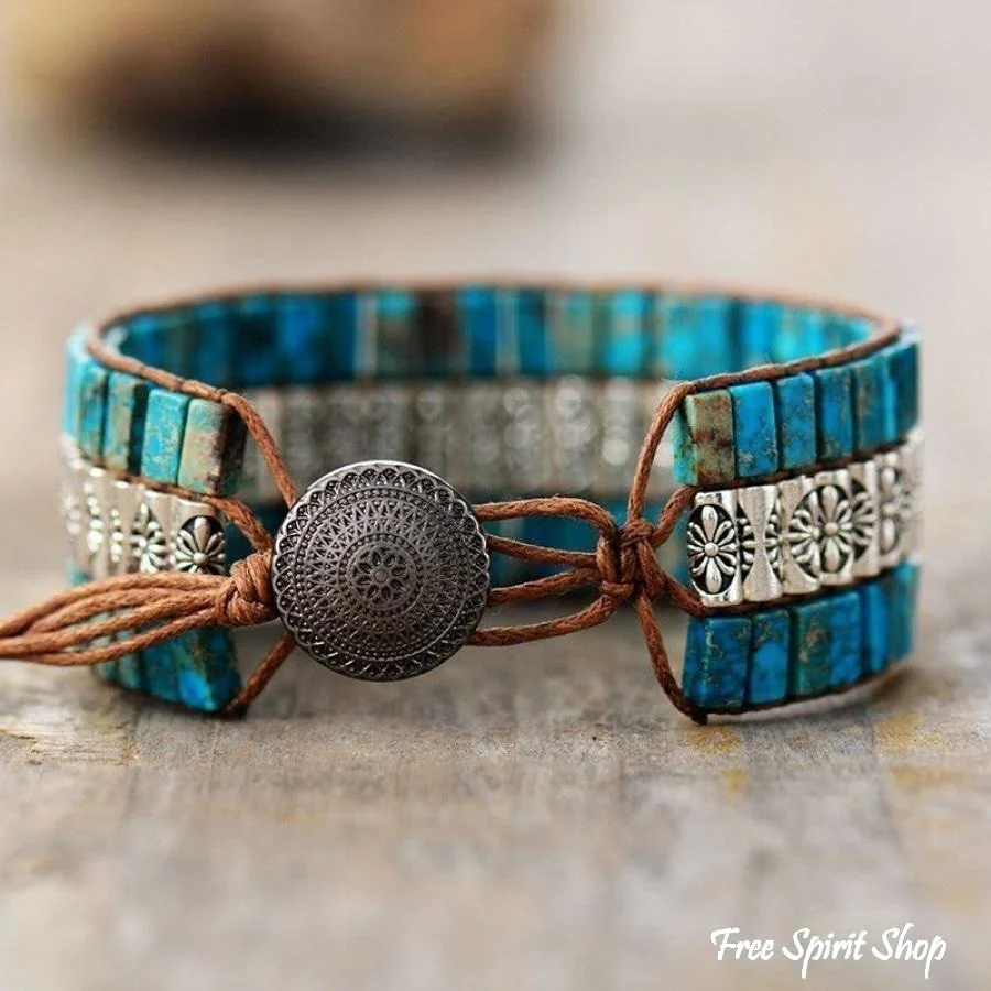 Handmade Blue Jasper & Tibetan Bead Wrap Bracelet - Image 5