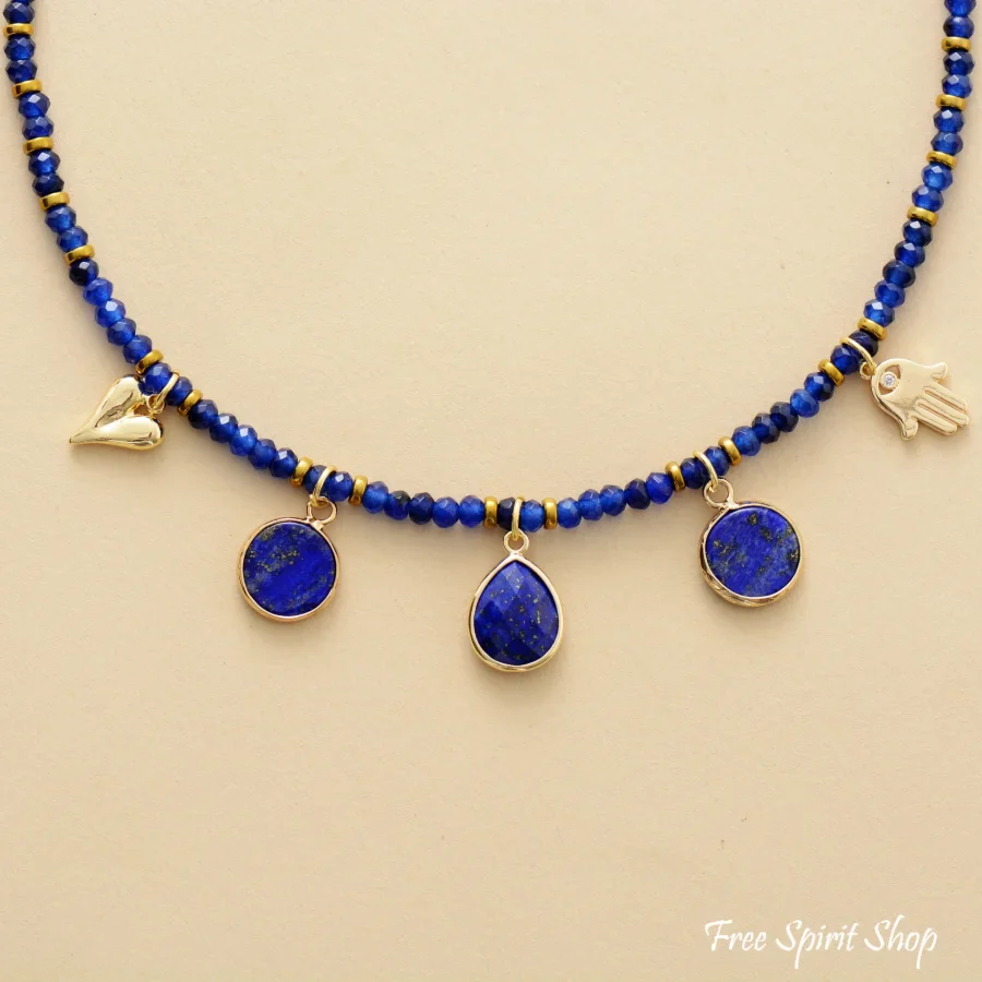 Handmade Blue Lapis & Gold Bead Choker Necklace - Image 4