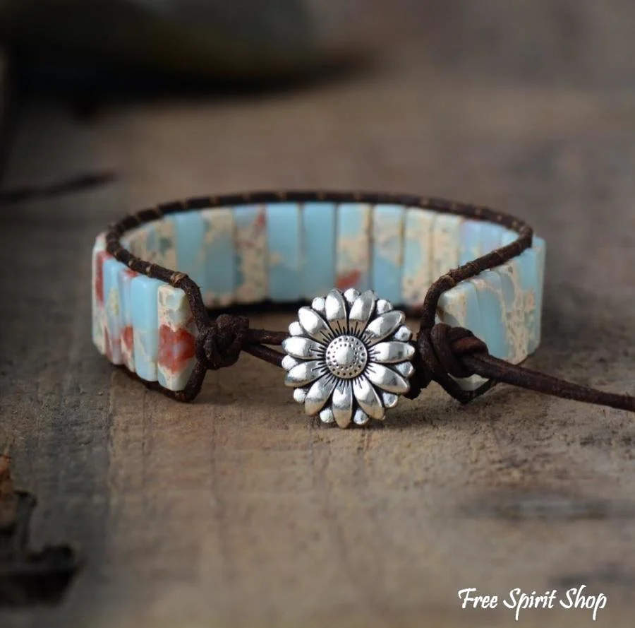 Handmade Blue Shoushan Stone Leather Wrap Bracelet - Image 2